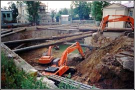 Pit excavation under protection of temporary metal support.